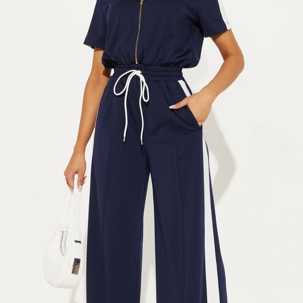 NewElegant Navy Jumpsuit with White Details